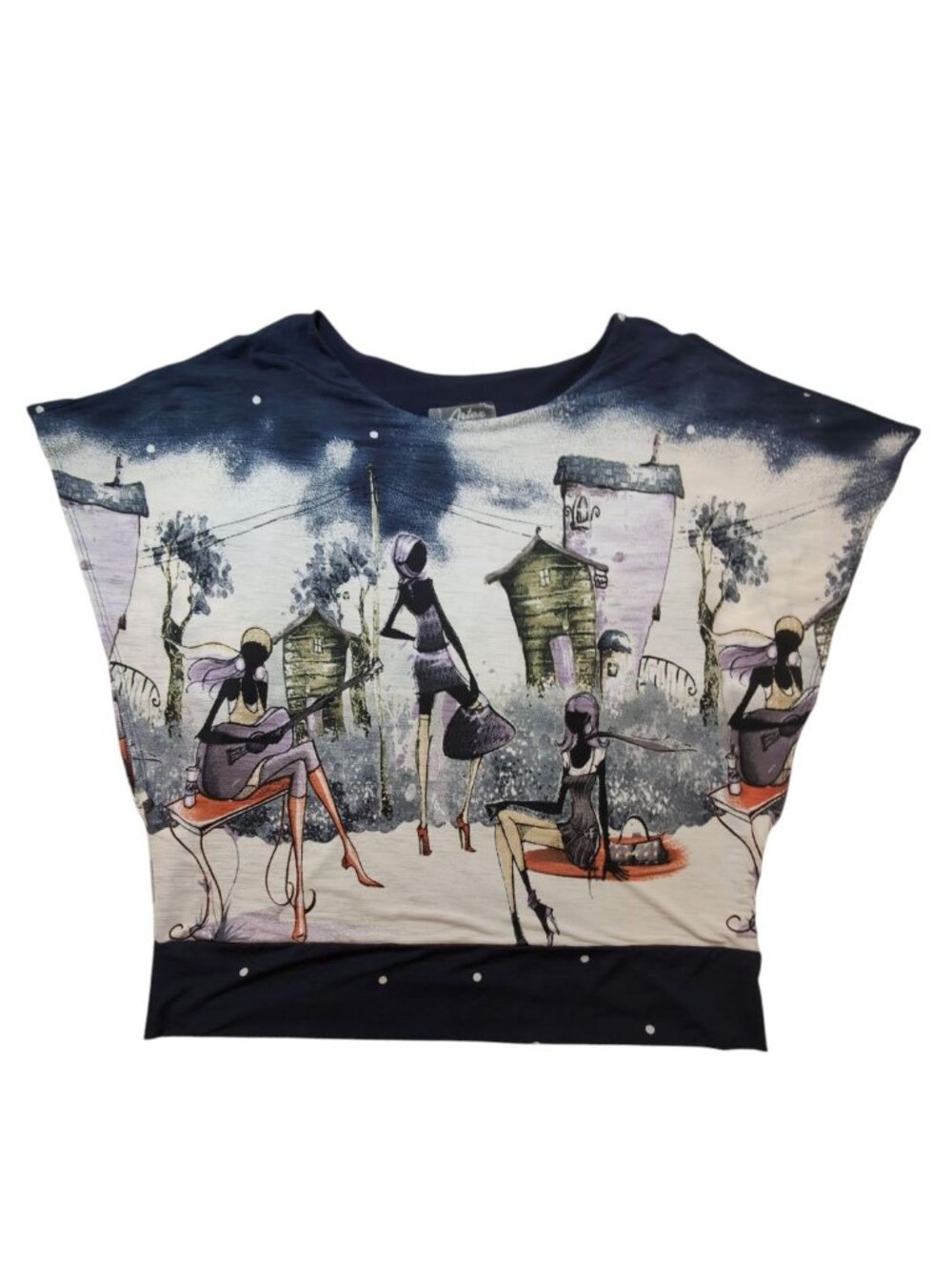 Artex Womens Illustrated Graphic Top Size XL Oversized Art to Wear Statement